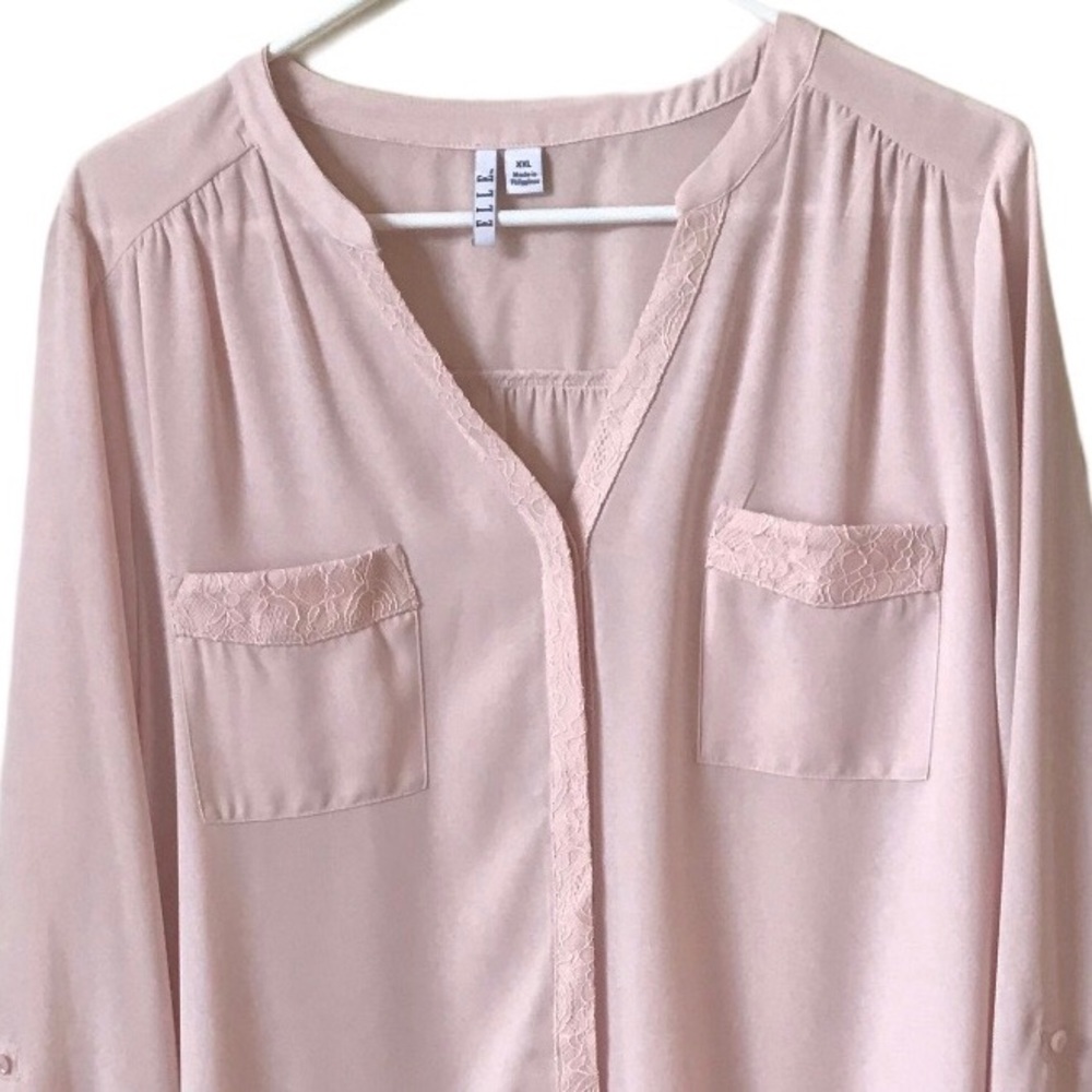 ELLE Long Sleeve Mandarin Notched V-neck Blouse